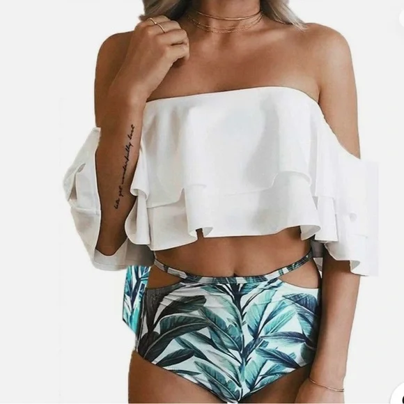 White swim bottoms with blue and green Leaf Print - Picture 1 of 5